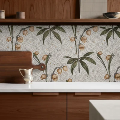 Handcrafted botanical mosaic featuring cascading golden bellflowers and green foliage on an ivory background with elegant organic detailing.