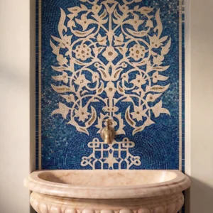 Handcrafted blue and ivory arabesque mosaic panel featuring intricate floral motifs inspired by Ottoman and Moorish architectural design.