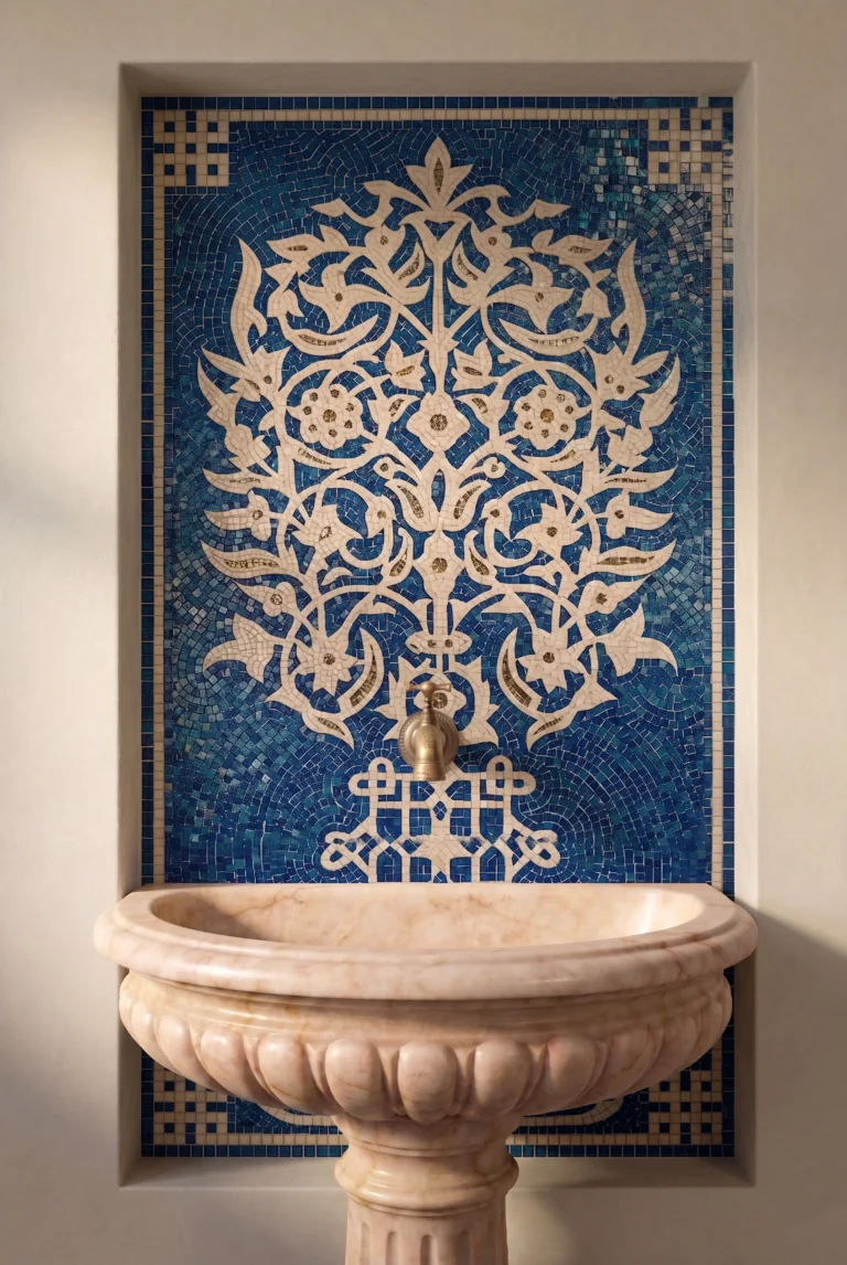Handcrafted blue and ivory arabesque mosaic panel featuring intricate floral motifs inspired by Ottoman and Moorish architectural design.