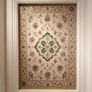 Handcrafted floral mosaic panel featuring an ornate botanical medallion with pink blossoms, emerald accents, and intricate decorative borders.