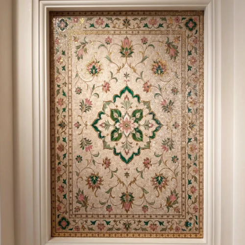 Handcrafted floral mosaic panel featuring an ornate botanical medallion with pink blossoms, emerald accents, and intricate decorative borders.