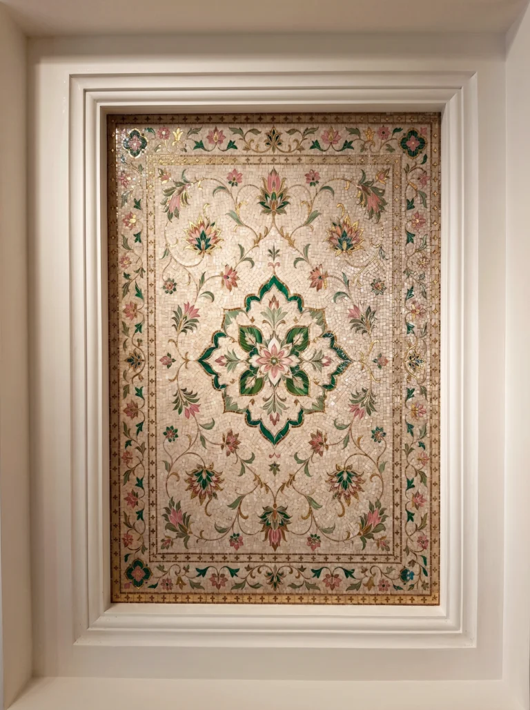 Handcrafted floral mosaic panel featuring an ornate botanical medallion with pink blossoms, emerald accents, and intricate decorative borders.