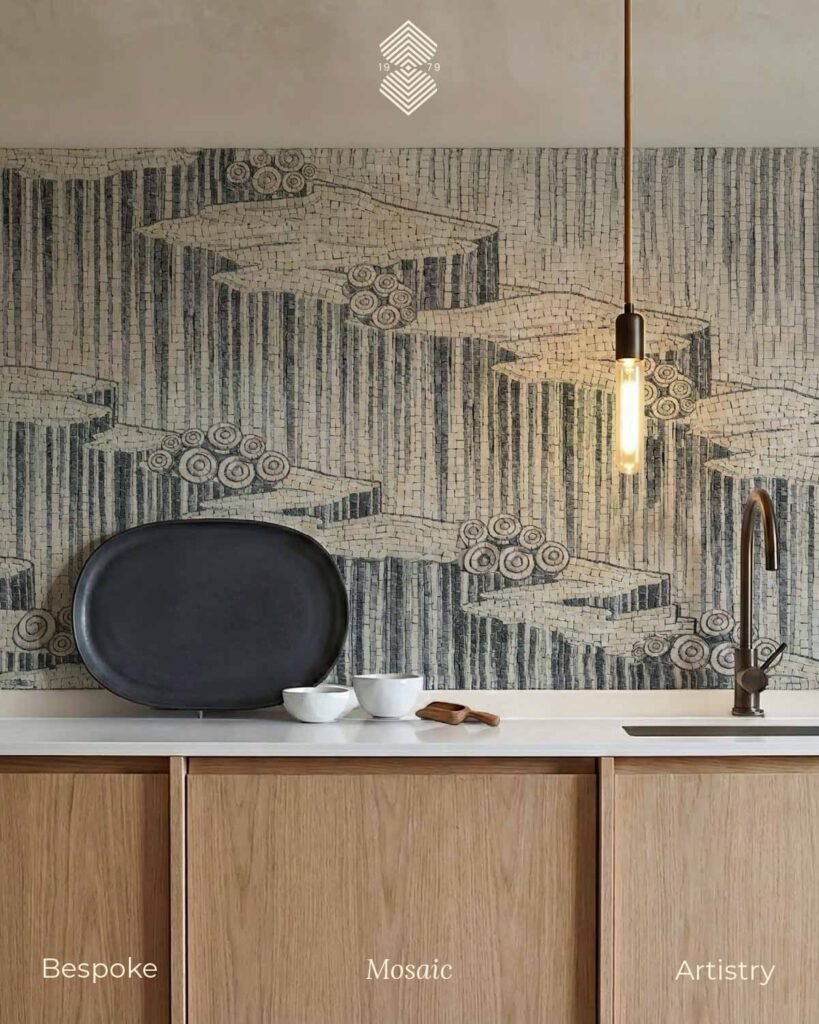 A hand-cut monochrome linear mosaic backsplash in charcoal, grey and soft white with linear textural pattern, creating a clean and elegant aesthetic. 