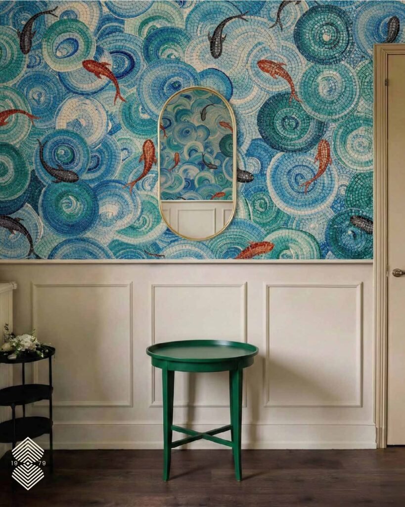 A luxury marine mosaic mural with spiral wave mosaic pattern in teal, aqua, cobalt and soft white with koi fish 