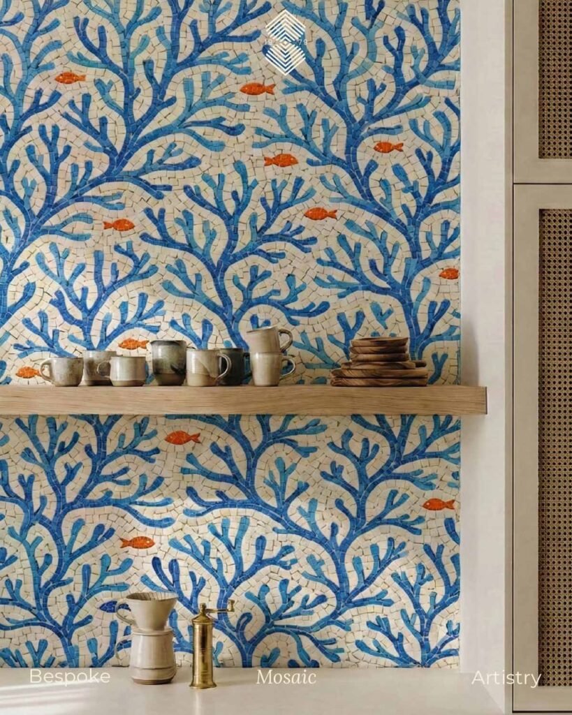 A colorful backsplash with a stunning blue coastal coral branch Mosaic Pattern artwork and orange fishes in a white background adding warmth and contrast.