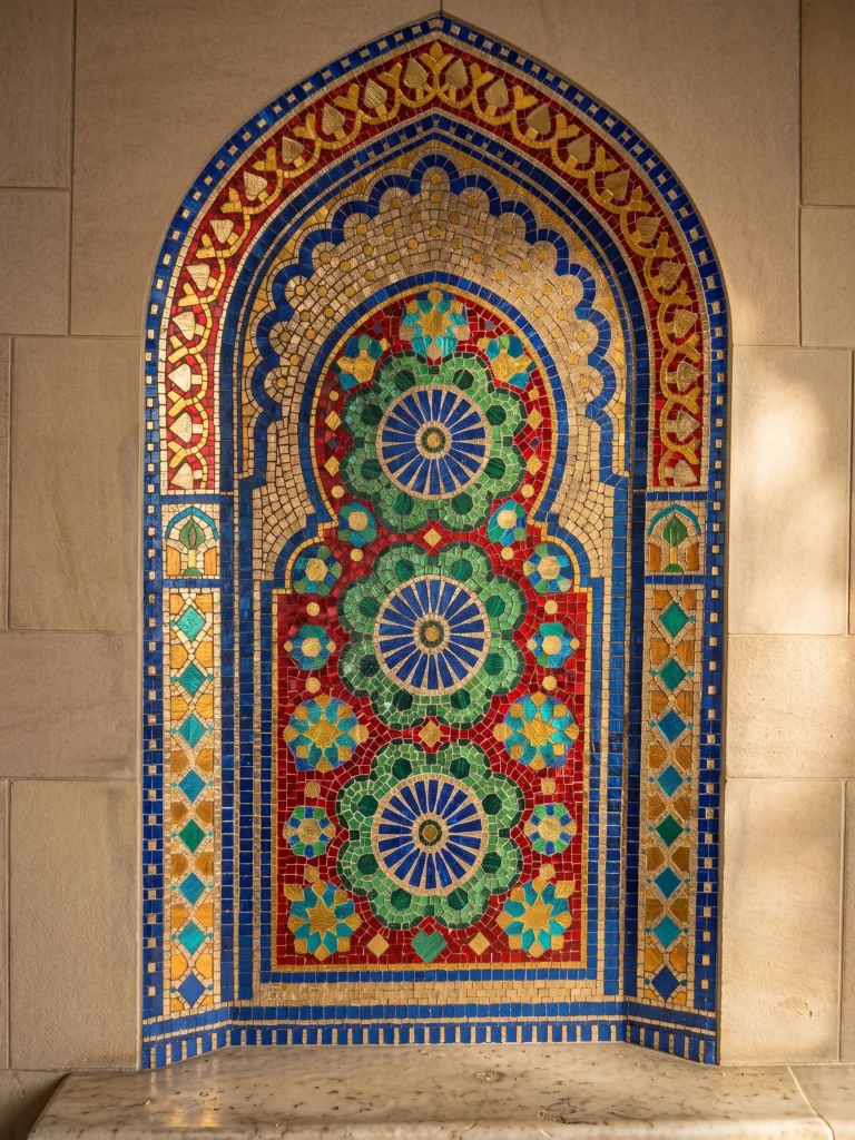 Handcrafted Moroccan arch mosaic featuring colorful rosette medallions in blue, green, red, and gold within a traditional Islamic niche.