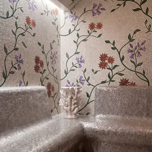 Handcrafted botanical mosaic featuring flowing vines, lavender blossoms, mahogany flowers, and elegant foliage on an ivory background.