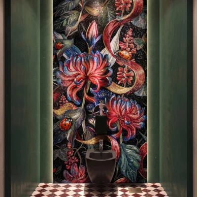 Handcrafted floral mosaic mural featuring crimson chrysanthemums, flowing foliage, and vibrant botanical details on a dramatic black background.