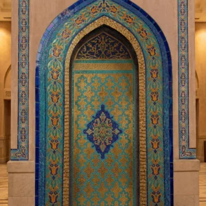 Handcrafted Islamic arch mosaic featuring intricate geometric patterns in cobalt blue, turquoise, gold, and ivory within a Moorish niche.