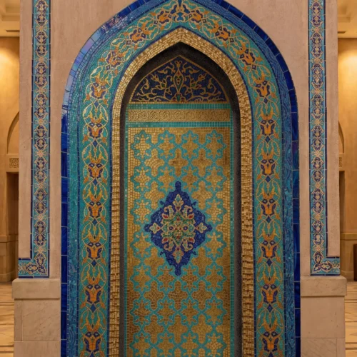 Handcrafted Islamic arch mosaic featuring intricate geometric patterns in cobalt blue, turquoise, gold, and ivory within a Moorish niche.