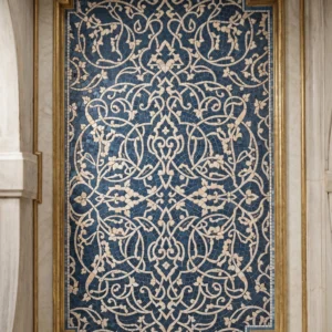 Handcrafted blue and ivory arabesque mosaic panel featuring intricate Islamic vinework patterns framed within an elegant architectural setting.