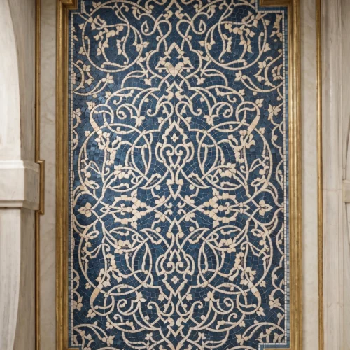 Handcrafted blue and ivory arabesque mosaic panel featuring intricate Islamic vinework patterns framed within an elegant architectural setting.