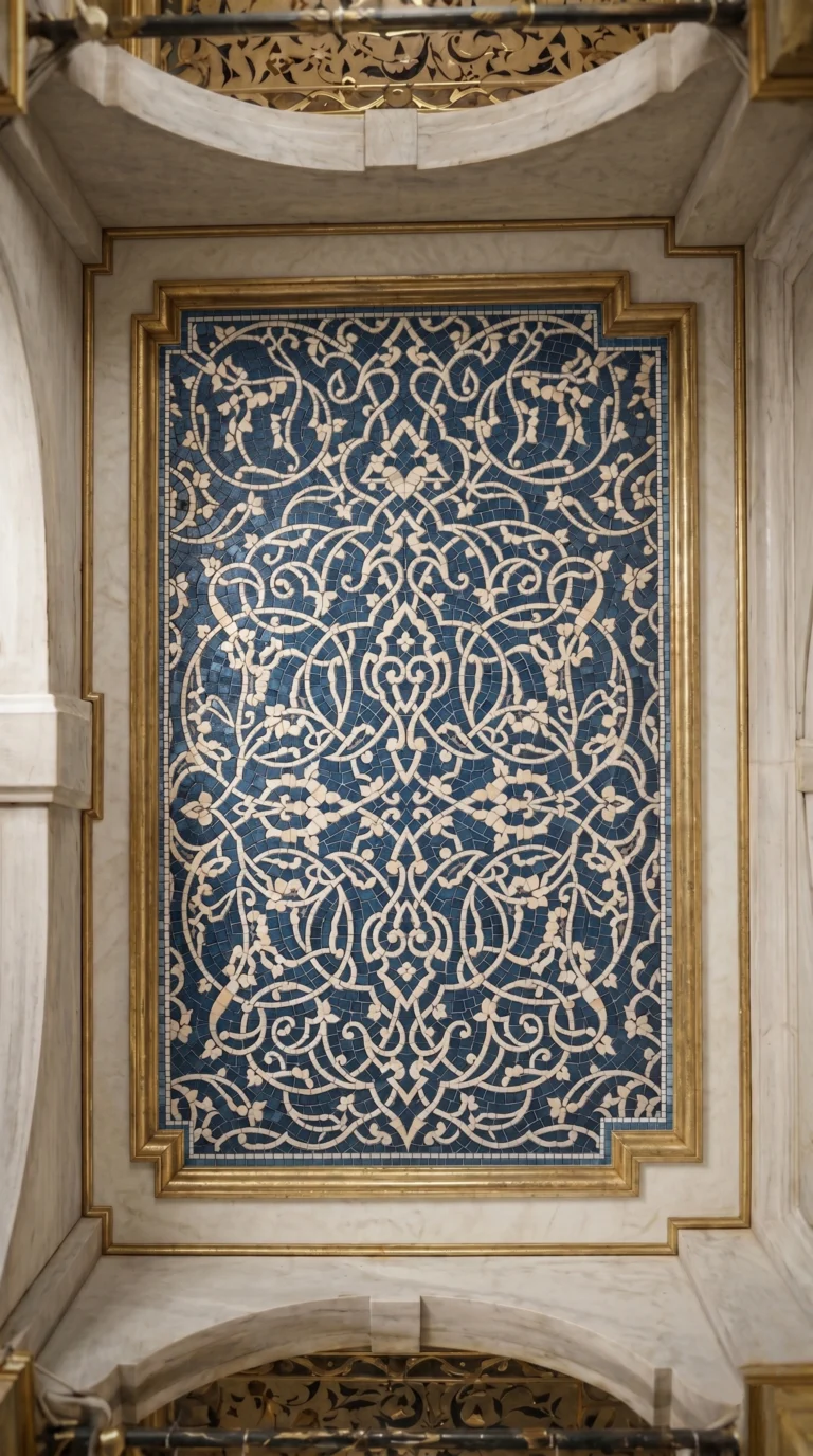 Handcrafted blue and ivory arabesque mosaic panel featuring intricate Islamic vinework patterns framed within an elegant architectural setting.