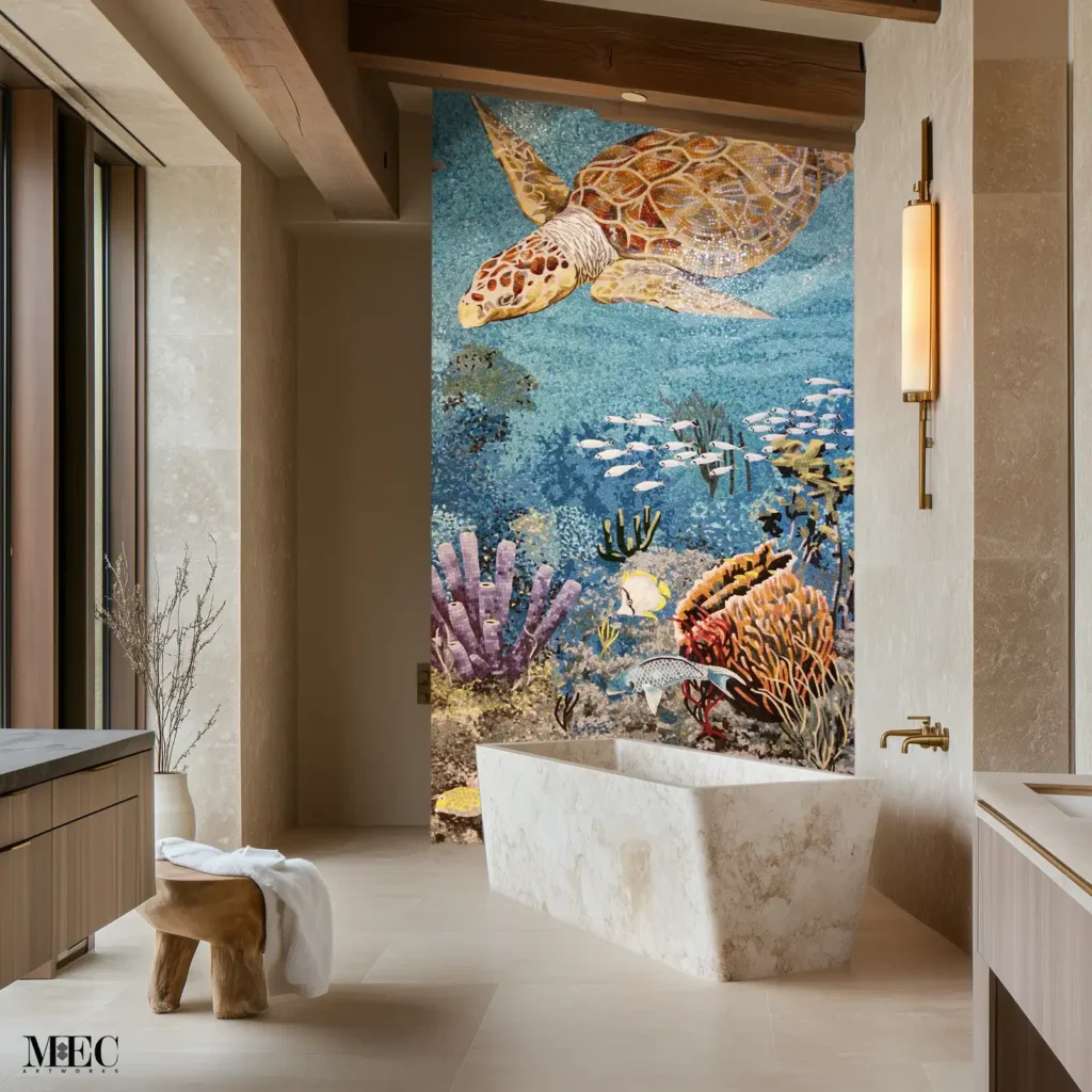 A 10ftx5ft hand-cut luxury marine mosaic artwork showcasing a huge turtle with many fishes swimming nearby, surrounded by bright corals