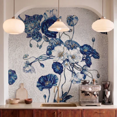 Handcrafted floral mosaic mural featuring blue and white iris-inspired blooms with intricate botanical details on an ivory mosaic background.
