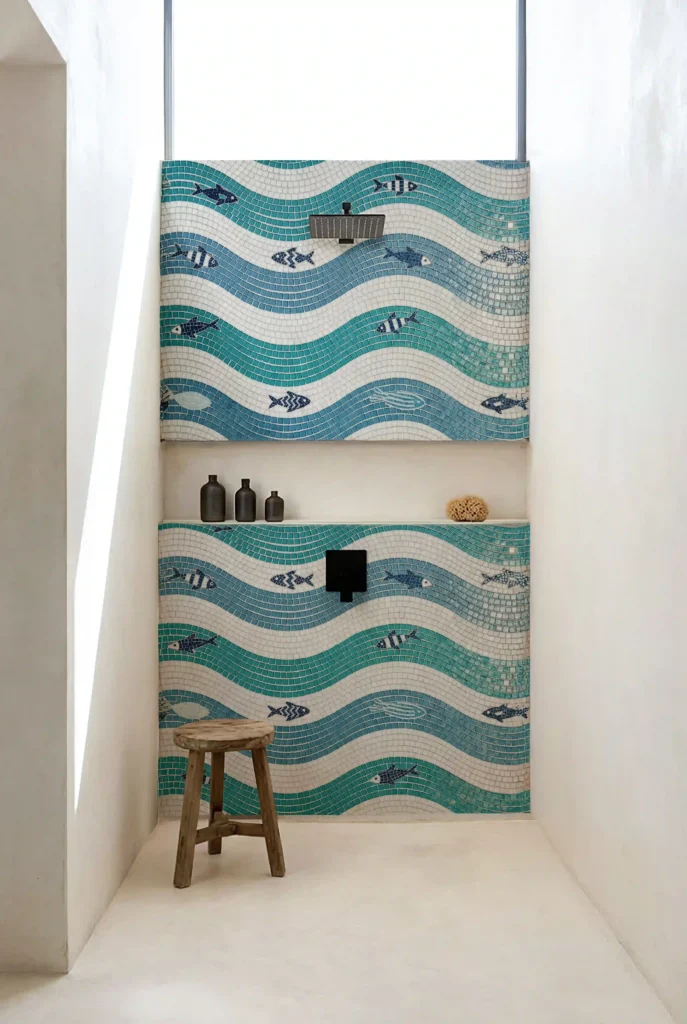 An aqua, teal and seafoam green rhythmic wave mosaic pattern with striped fish mosaic  and white layered waves