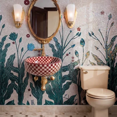 Handcrafted botanical mosaic mural featuring indigo foliage, delicate floral accents, and flowing organic patterns on an ivory background.