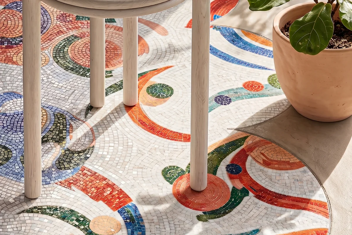Mosaic flooring featuring cosmic forms