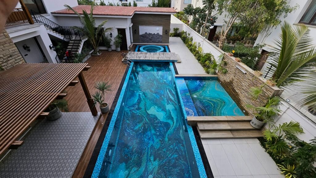 Premium hand-cut glass mosaic tesserae in layered blue ocean tones