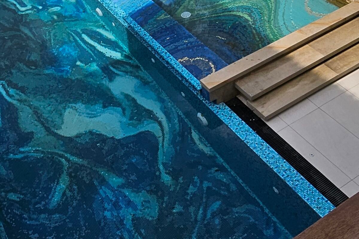 Close-up of handcrafted glass mosaic designed for underwater installation