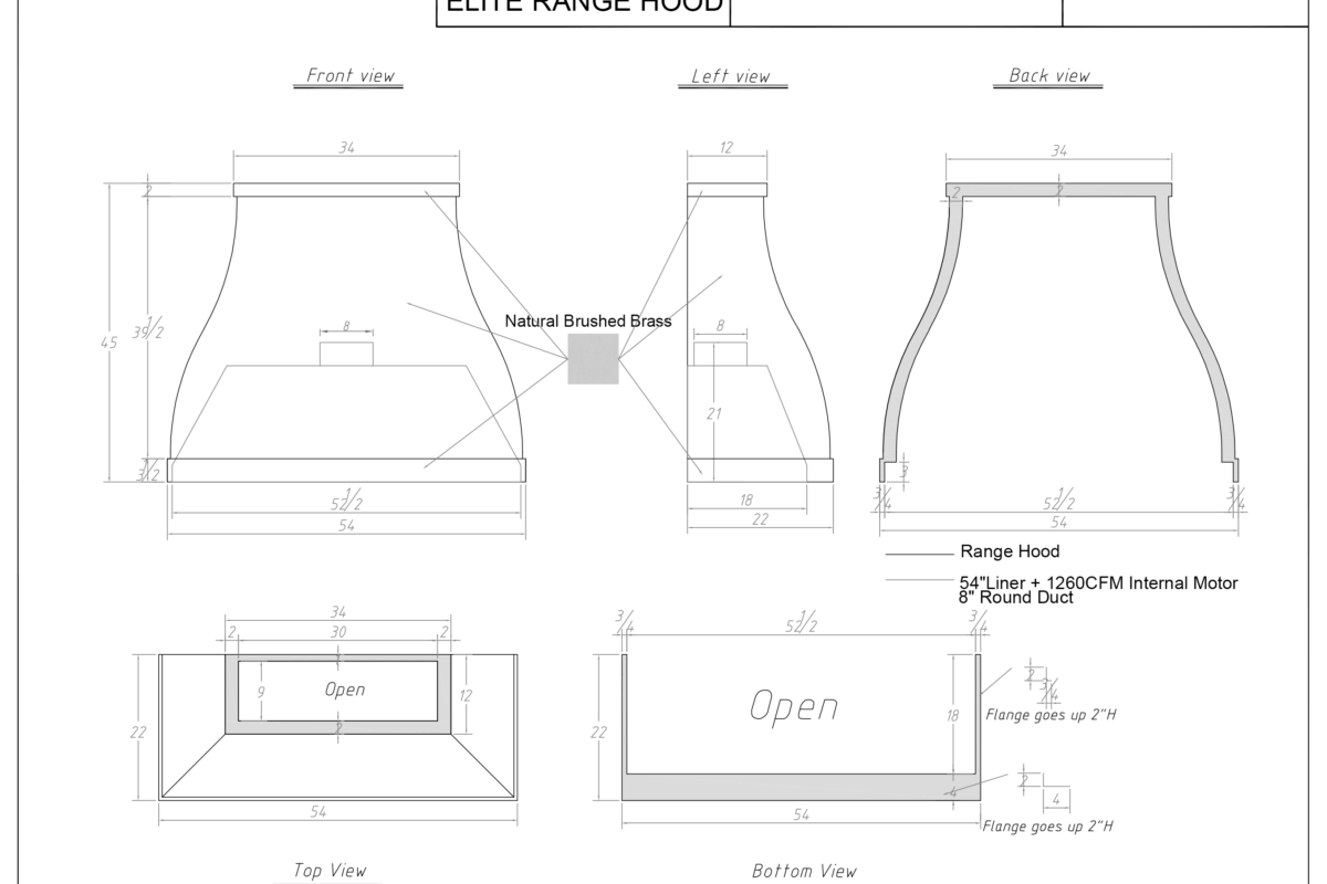 Architectural line drawing labeled "Elite Range Hood" displaying front, left, back, top, and bottom elevation views with detailed measurements for a custom 54-inch natural brushed brass range hood, including notes for a 1260 CFM internal motor.