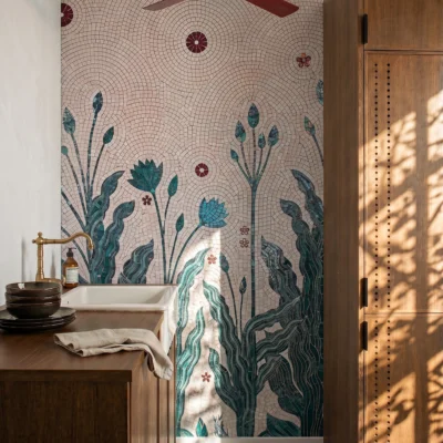 Handcrafted botanical mosaic featuring teal aquatic plants, lotus flowers, and circular ripple patterns for elegant feature walls.