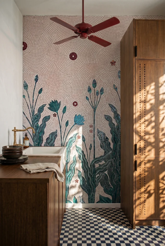 Handcrafted botanical mosaic featuring teal aquatic plants, lotus flowers, and circular ripple patterns for elegant feature walls.