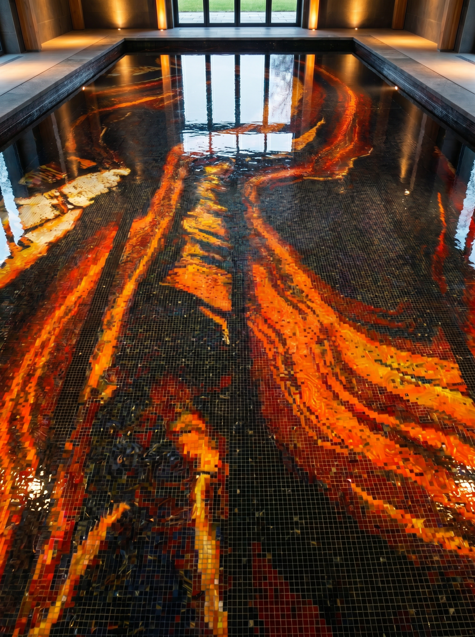 Flame motif pool mosaic art