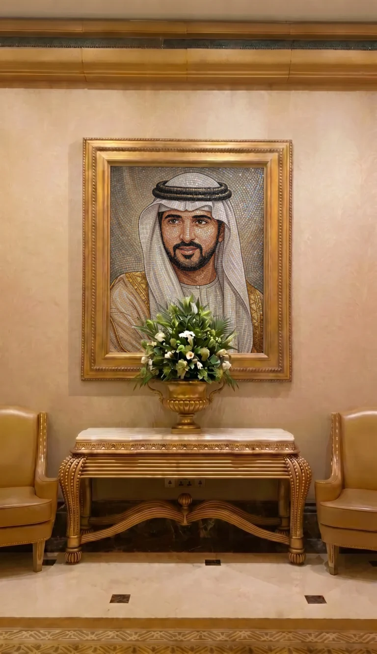 Handcrafted mosaic portrait of an Emirati leader featuring intricate facial detailing, traditional attire, and a luxurious gold-framed presentation.