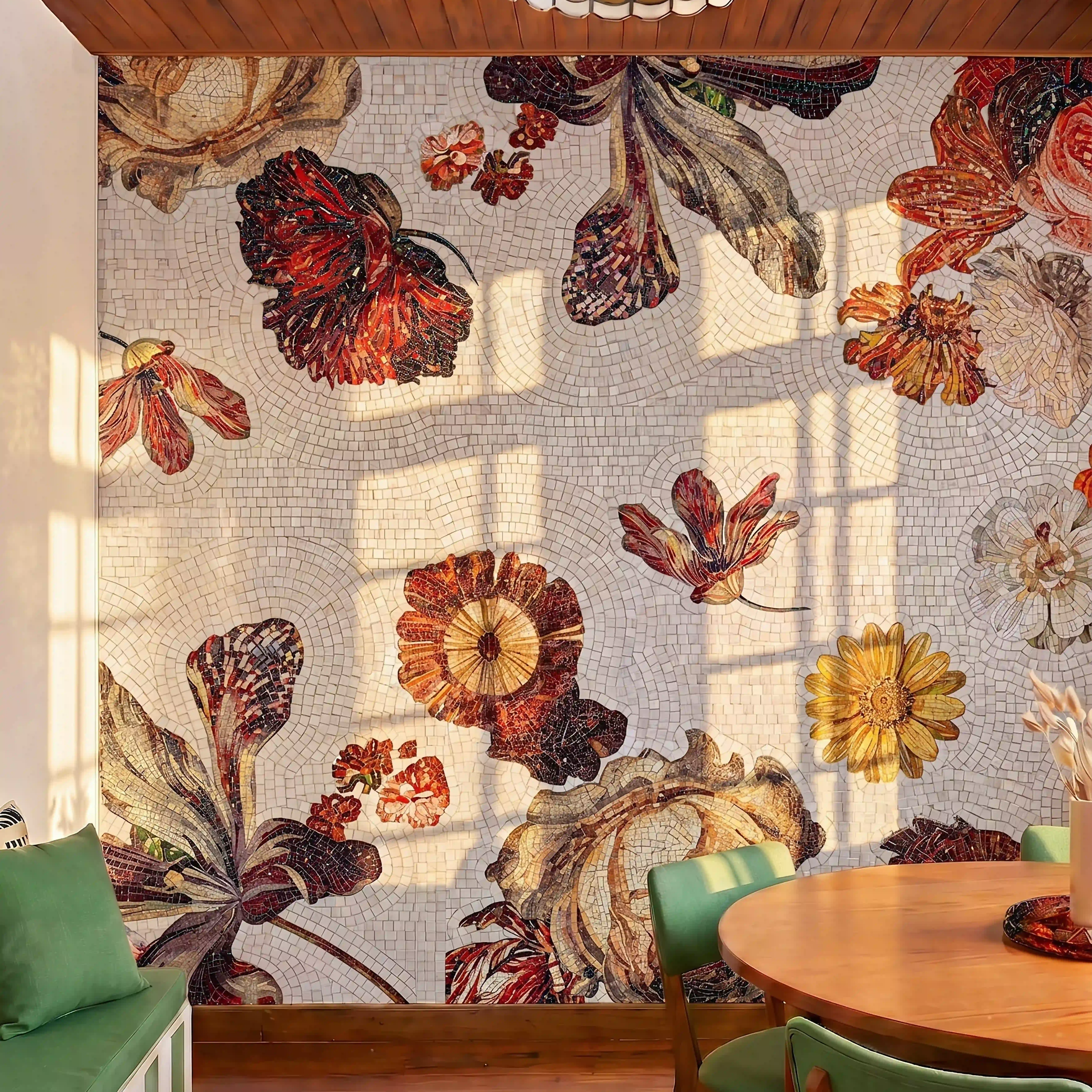 A warm space with round wooden table and green chairs, followed by beautiful floral patterns in yellow, orange, shades of brown and red. There is a green cushion on the sofa.
