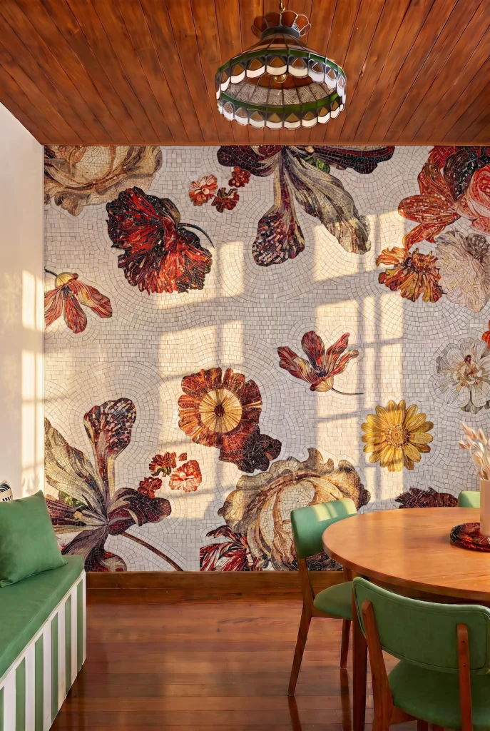 Handcrafted floral mosaic featuring oversized autumn flowers in rich burgundy, gold, and ivory tones creating a luxury feature wall.
