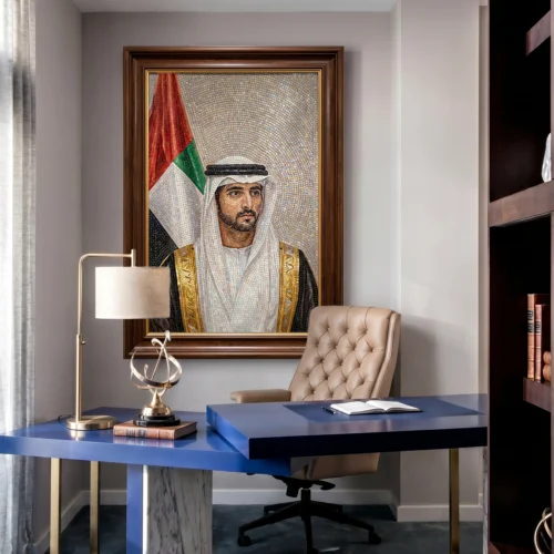 Handcrafted mosaic portrait of His Highness Sheikh Hamdan bin Mohammed bin Rashid Al Maktoum with the UAE flag in a luxury office setting.