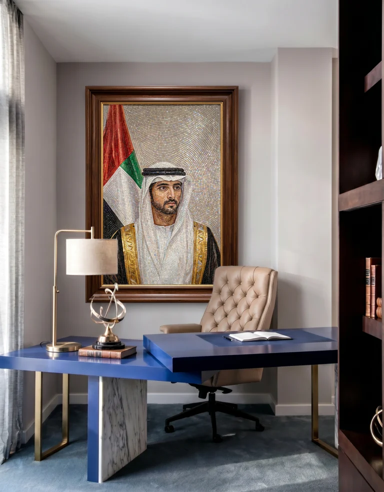 Handcrafted mosaic portrait of His Highness Sheikh Hamdan bin Mohammed bin Rashid Al Maktoum with the UAE flag in a luxury office setting.
