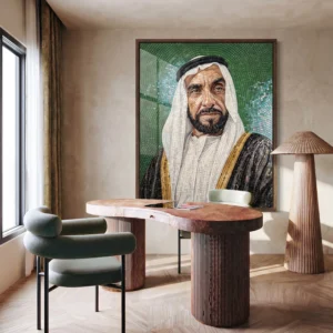 Handcrafted mosaic portrait of His Highness Sheikh Zayed bin Sultan Al Nahyan displayed in a refined contemporary executive office.