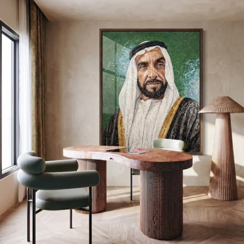 Handcrafted mosaic portrait of His Highness Sheikh Zayed bin Sultan Al Nahyan displayed in a refined contemporary executive office.