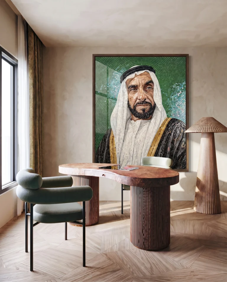 Handcrafted mosaic portrait of His Highness Sheikh Zayed bin Sultan Al Nahyan displayed in a refined contemporary executive office.