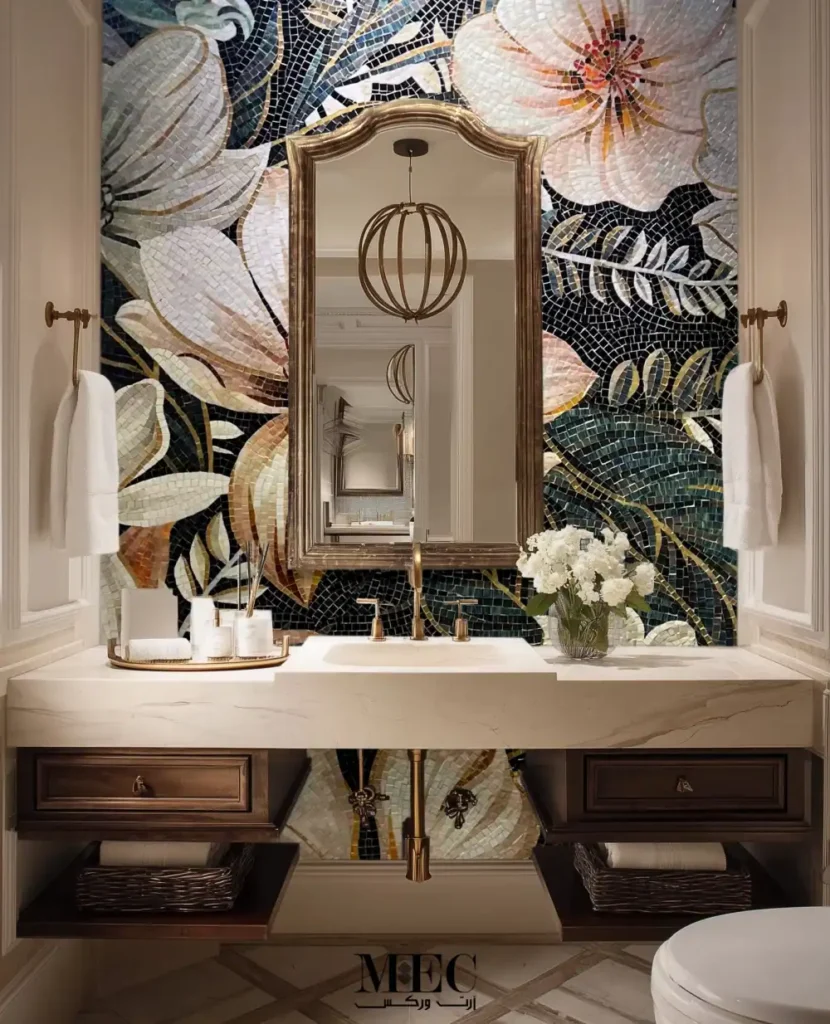 A contemporary mosaic wall in a modern bathroom vanity area, with blooming ivory flowers and leaves blending together elegantly