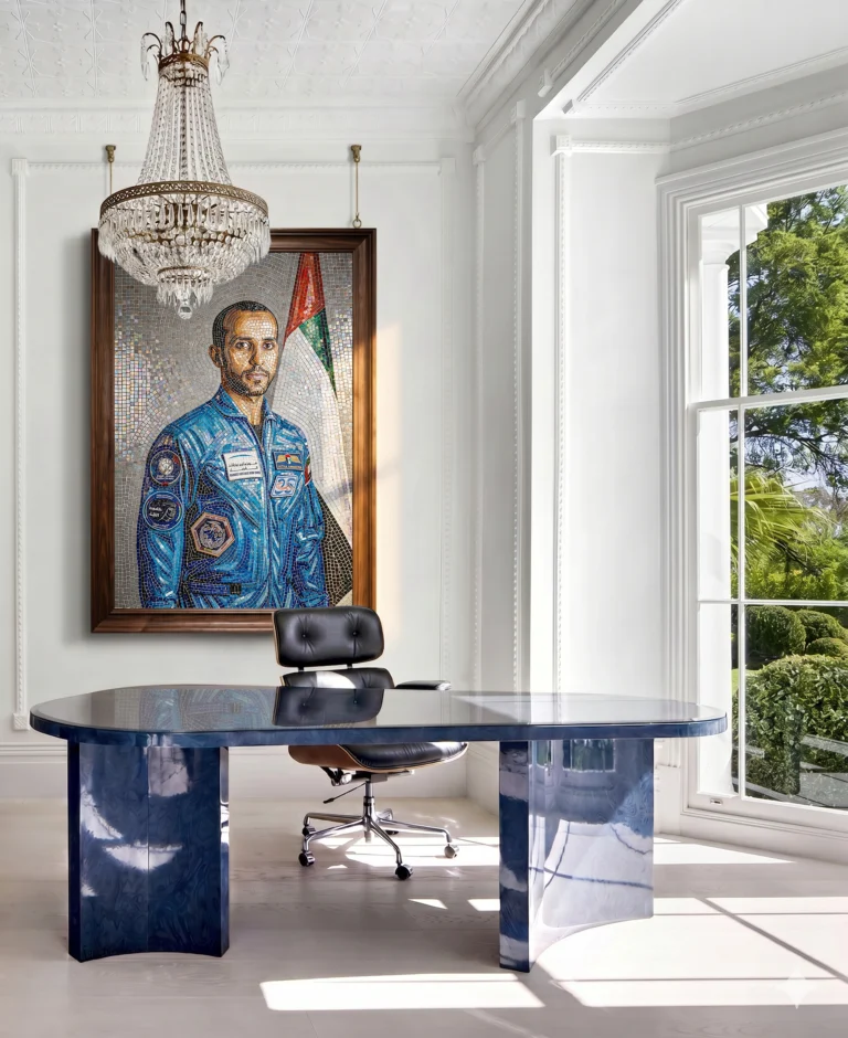 Handcrafted mosaic portrait of Major Hazzaa Al Mansoori in his astronaut suit with the UAE flag displayed in a contemporary executive office.