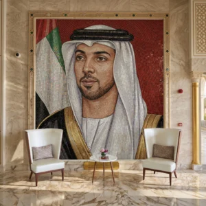 Handcrafted mosaic portrait of His Highness Sheikh Mansour bin Zayed Al Nahyan with the UAE flag displayed in a grand luxury interior.