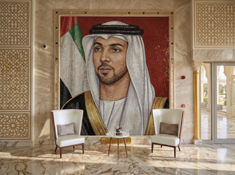 Handcrafted mosaic portrait of His Highness Sheikh Mansour bin Zayed Al Nahyan with the UAE flag displayed in a grand luxury interior.