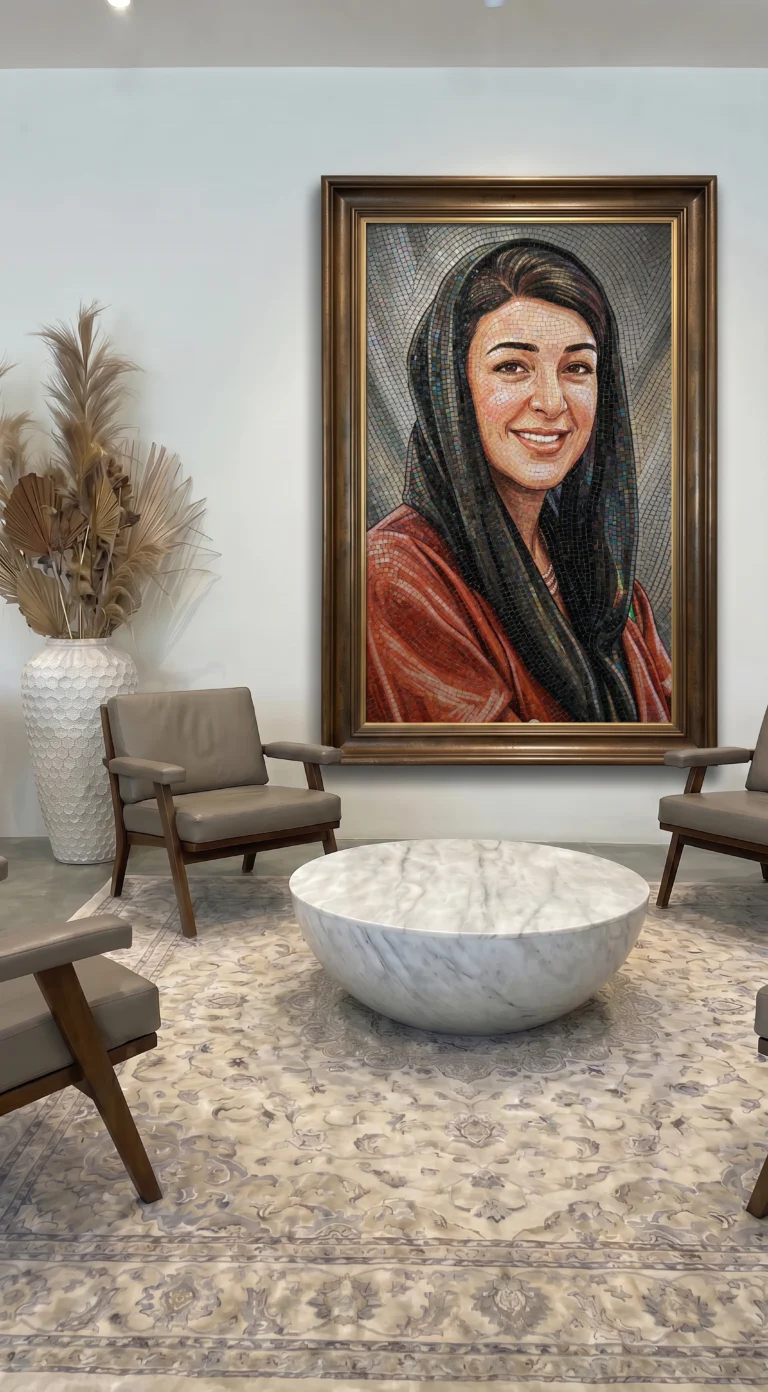 Handcrafted mosaic portrait of Her Excellency Reem Al Hashimy displayed in a refined contemporary executive reception space.