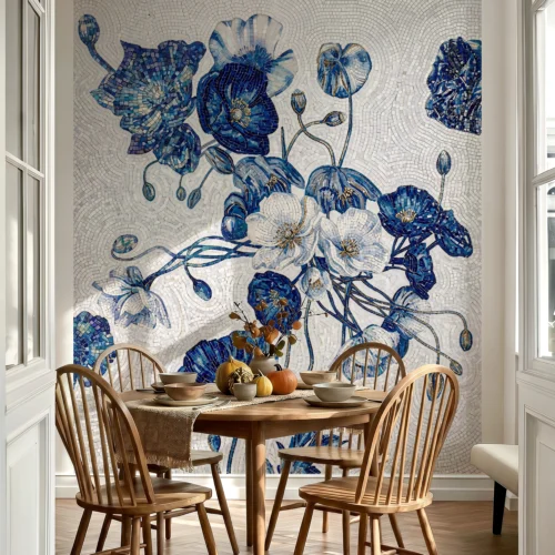 Handcrafted blue floral mosaic mural with cobalt blossoms on an ivory background creating an elegant dining room feature wall.