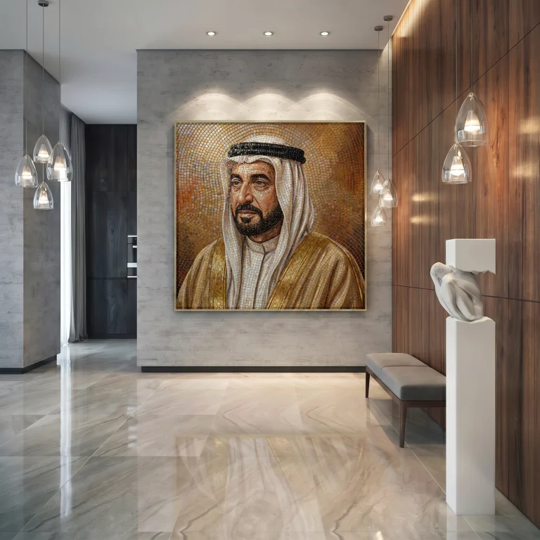 Handcrafted mosaic portrait of His Highness Dr. Sultan bin Muhammad Al Qasimi displayed in a contemporary luxury executive interior.
