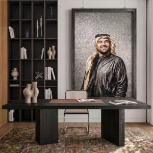 Handcrafted mosaic portrait of Emirati singer Hussain Juma Al Jassmi displayed in a contemporary luxury office interior with modern décor.