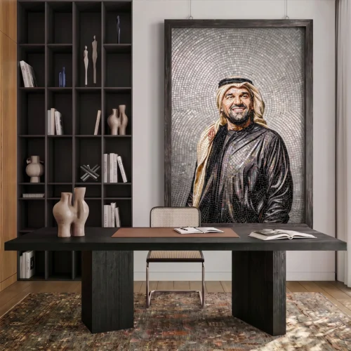 Handcrafted mosaic portrait of Emirati singer Hussain Juma Al Jassmi displayed in a contemporary luxury office interior with modern décor.