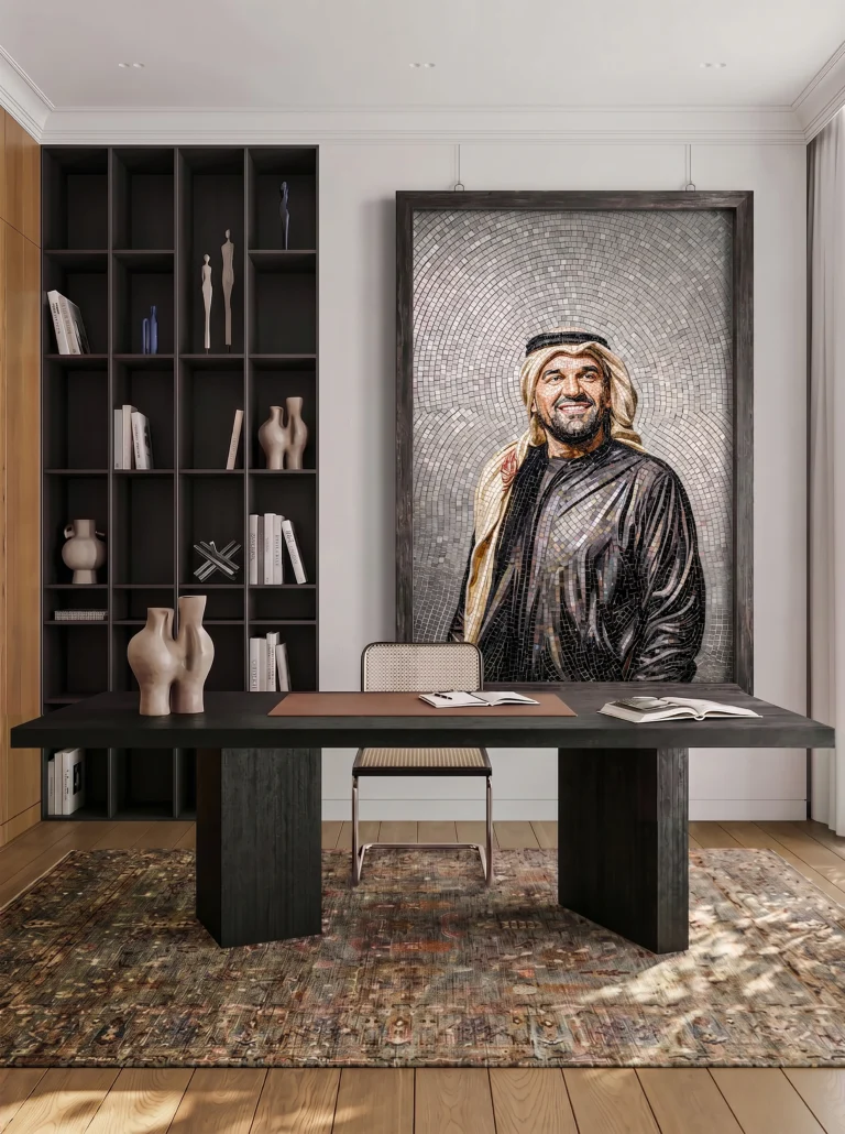 Handcrafted mosaic portrait of Emirati singer Hussain Juma Al Jassmi displayed in a contemporary luxury office interior with modern décor.