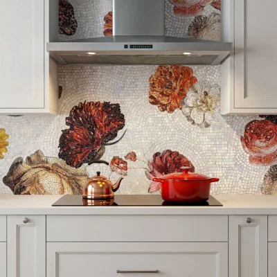 Handcrafted floral mosaic backsplash featuring oversized autumn blooms in warm earthy tones for a luxury contemporary kitchen interior.
