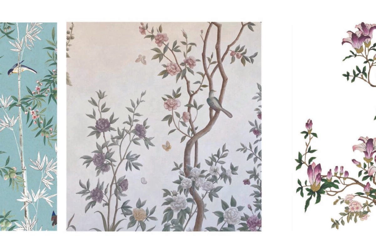 Three botanical artwork panels featuring Chinoiserie-style floral motifs: a mint green panel with bamboo foliage and blue songbirds, a central muted panel with winding branches and purple flowers, and a white panel with vibrant purple magnolias and a colorful bird perched on a branch.