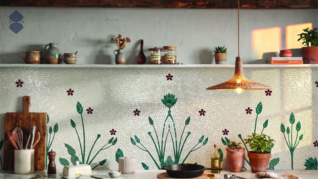 A custom floral mosaic art pattern against a white background in a high-end kitchen. The countertop holds a wooden cutting board, a butter dish, a cast-iron skillet, and small potted plants.