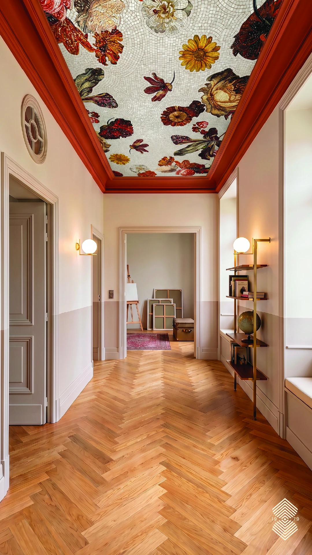 Warm lights, brown wooden floor in a hallway, along with a stunning floral mosaic artwork, showcasing huge, vibrant red, green, yellow flowers.